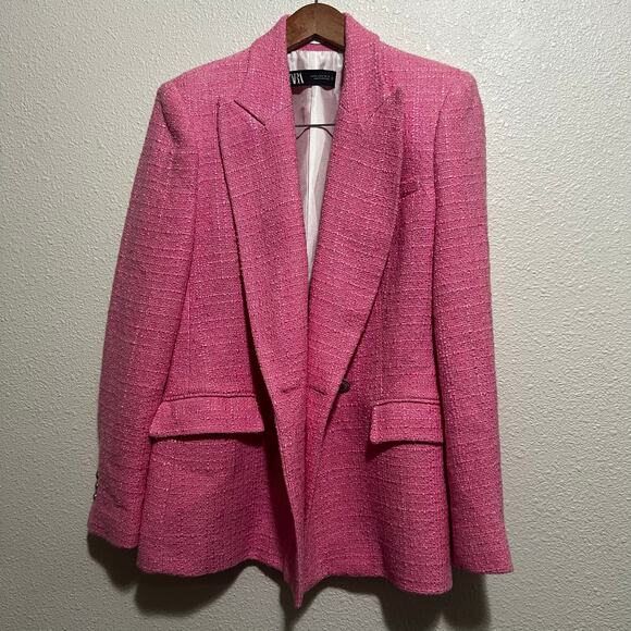 Zara Women's Medium Double-Breasted Textured Weave Tweed Blazer Jacket in Pink - Picture 2 of 11
